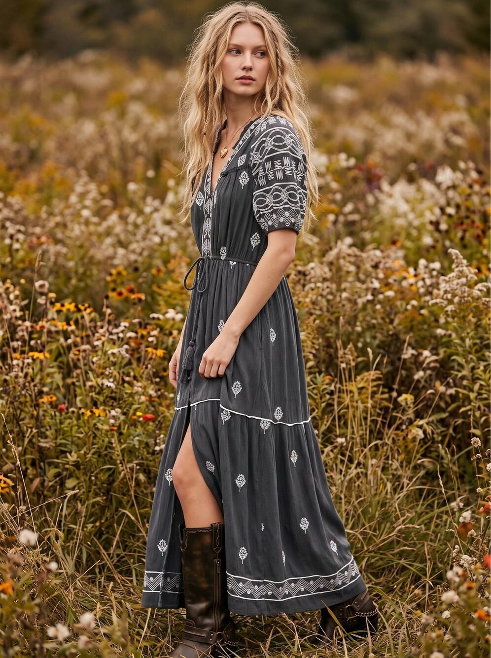 Free People Bohemian Witchy Riley Embroidered Midi Maxi Dress Duster Grey Medium